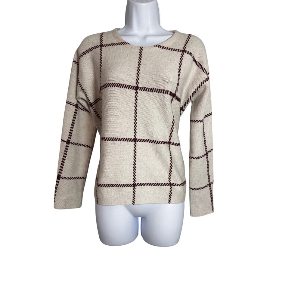 Maje Mademoiselle Bordeaux Windowpane Wool Blend Sweater Cream‎ Burgundy Size 1